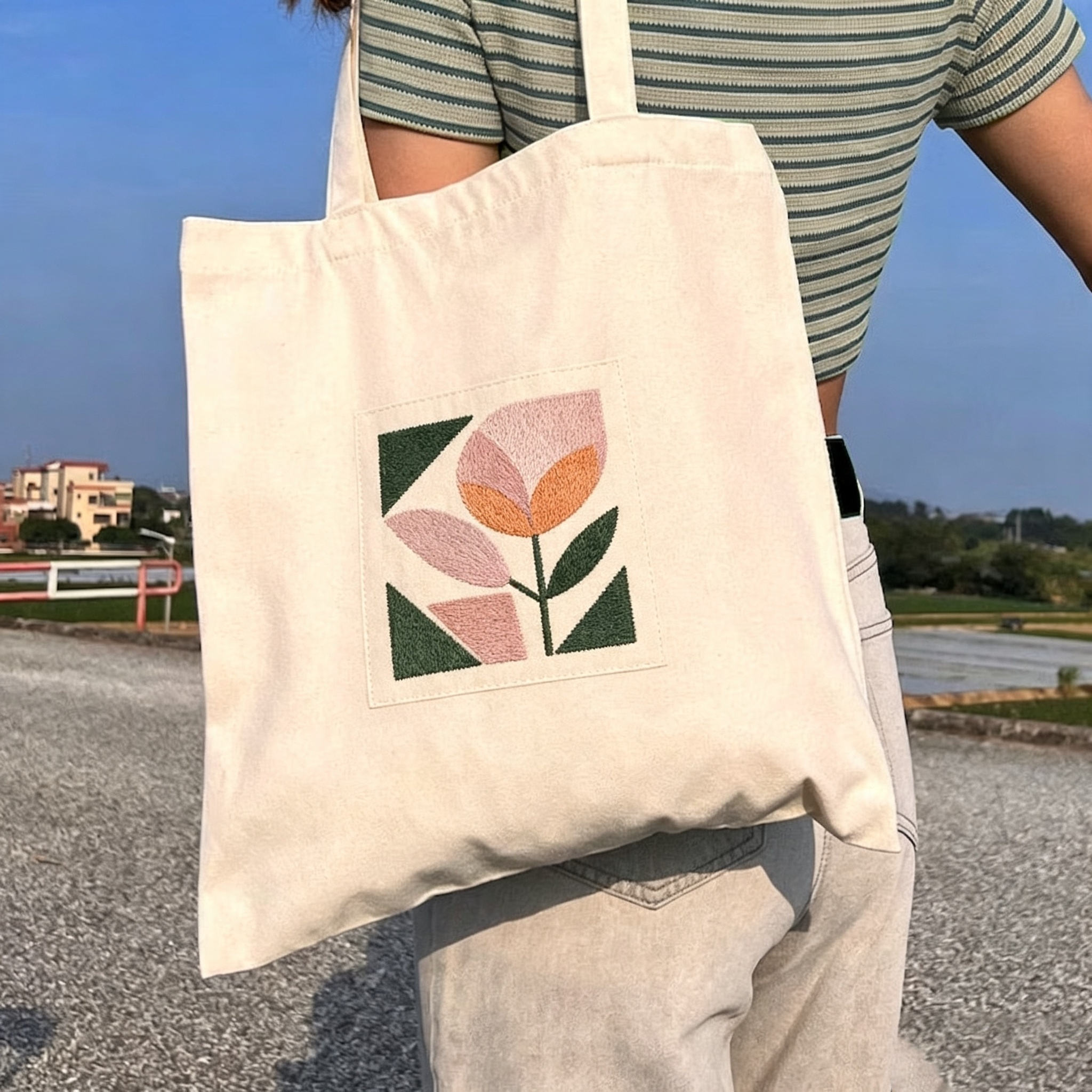 Embroidered Cotton Canvas Tote Bag Reusable Shoulder Shopping Bag